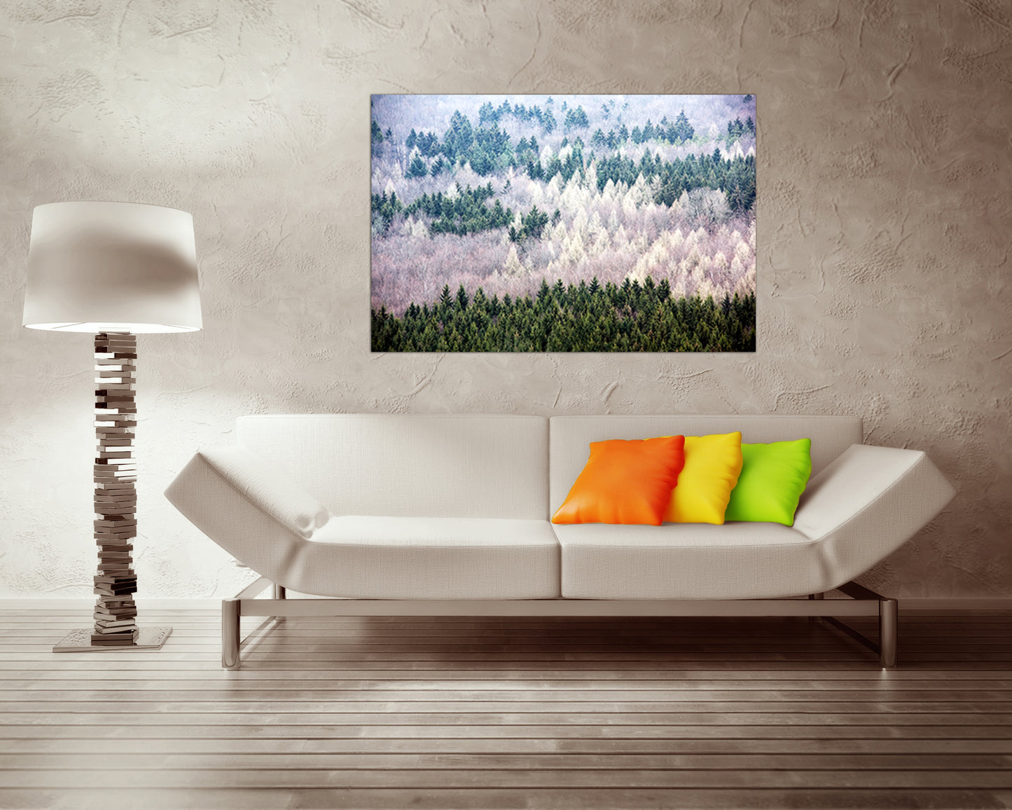 Pines forest print on canvas White green tree crown decor Landscape art Nature photo