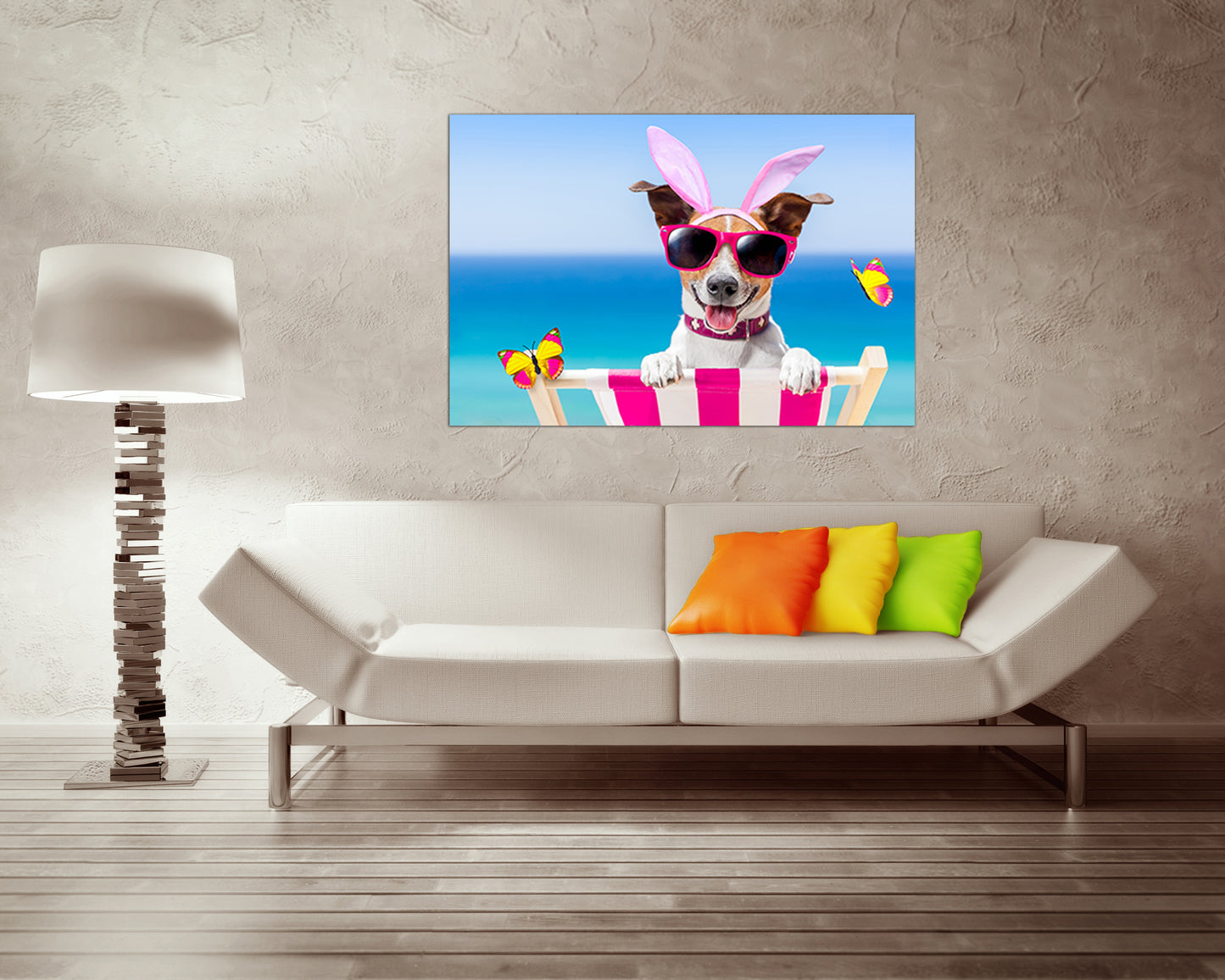 Dog on beach with glasses Wall art canvas Nursery decor Baby print Wearing glass