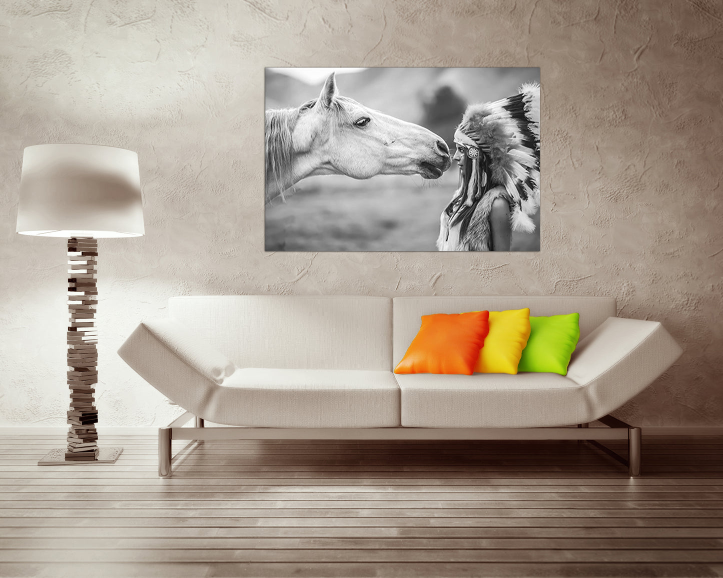 Indian girl with horse print on canvas Native American art work ready to hang