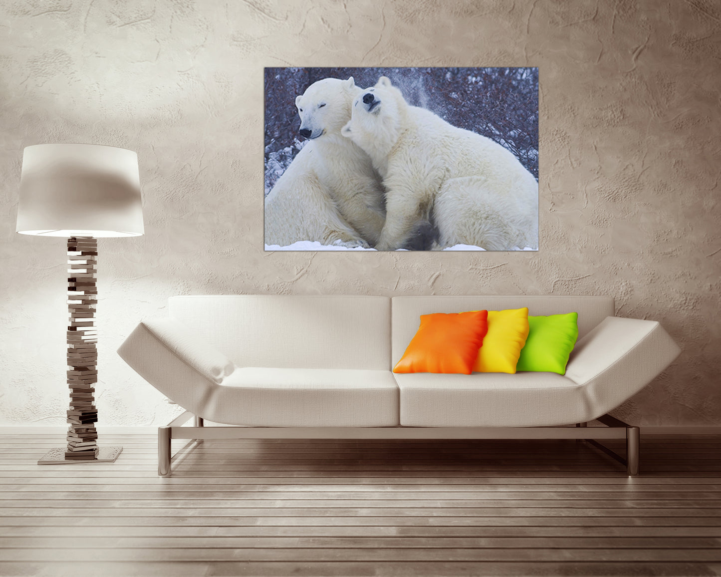 Animal print on canvas White bear hugging in the snow wall art