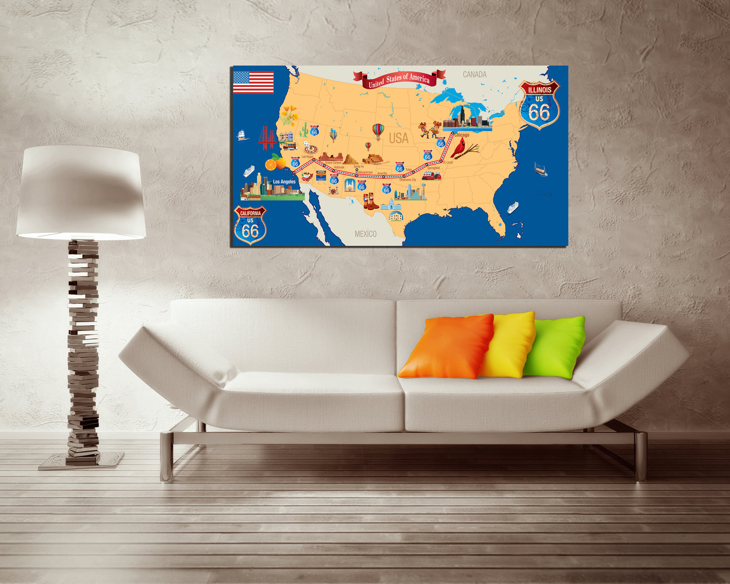 Route 66 map canvas American map picture Route 66 sign ready to hang