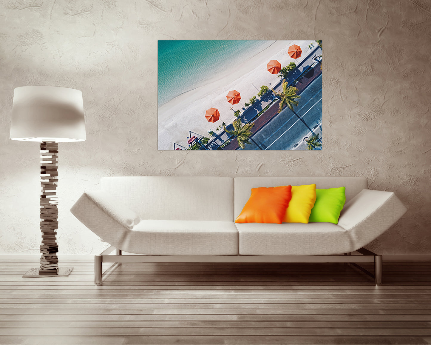 Beach umbrella canvas Landscape artwork Palm trees wall art Trees décor Nature print Waves photo