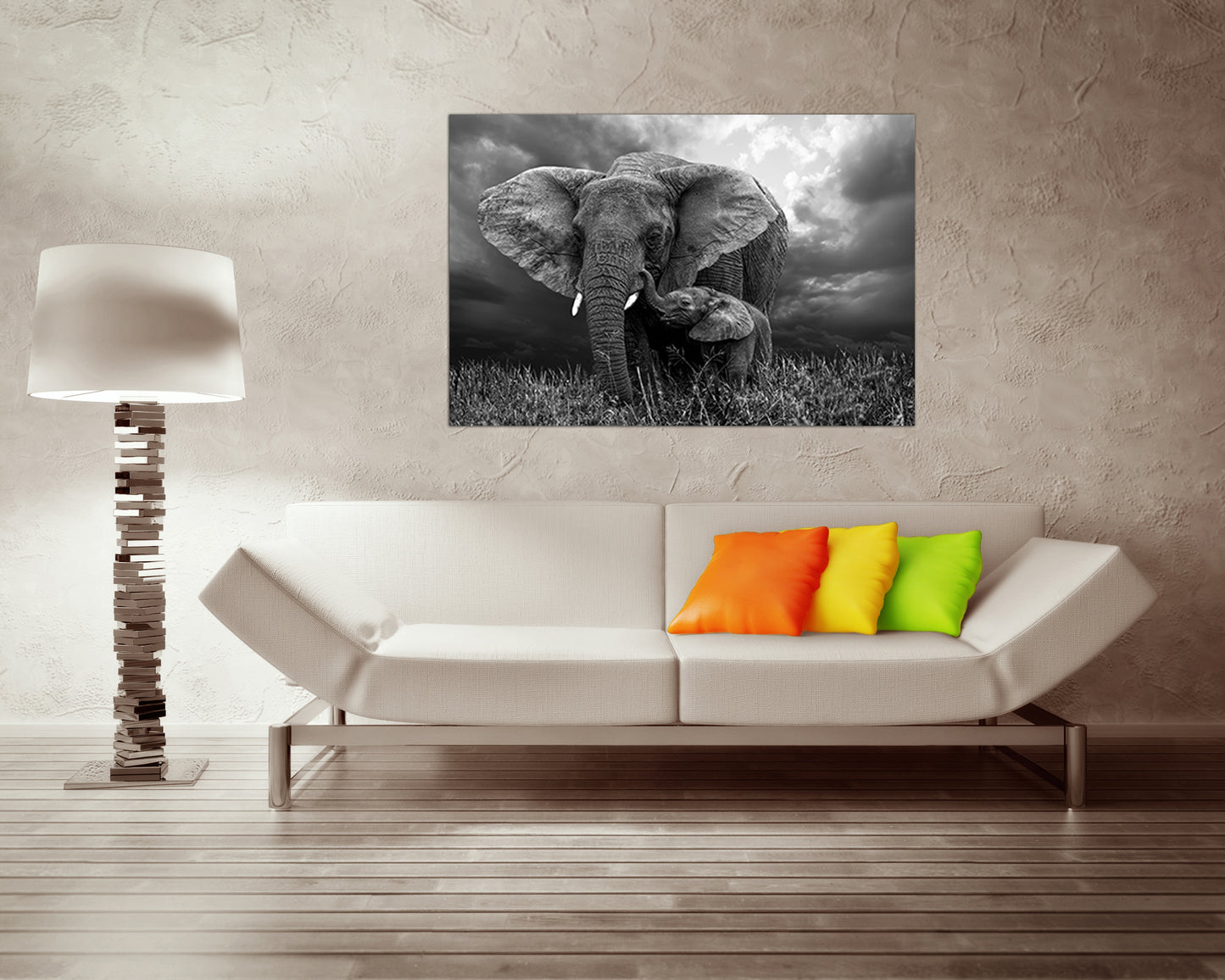 Elephants Mother and baby canvas Animal decor Black and white