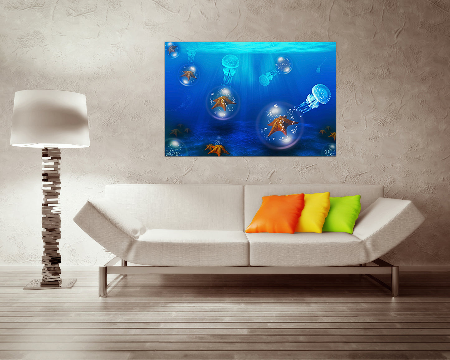 Jellyfish print on canvas Fish decor Sea star print Ocean animals home art Diving gift Coral life artwork