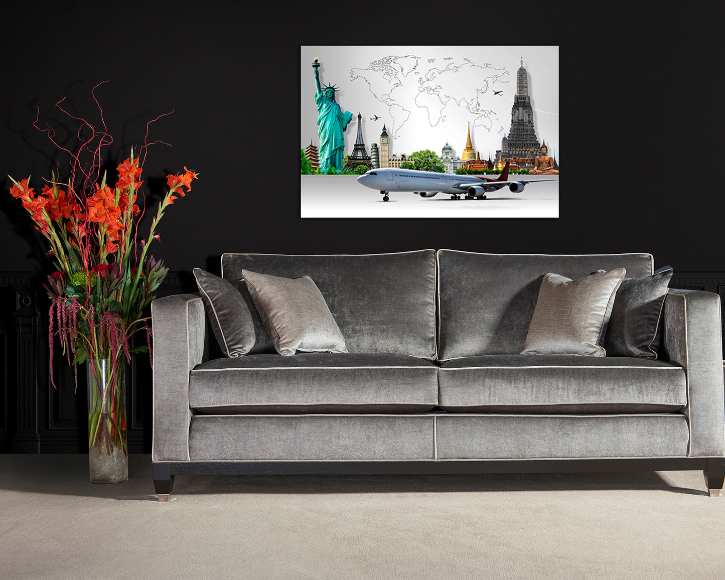 Map of travel by plane around the world on canvas ready to hang