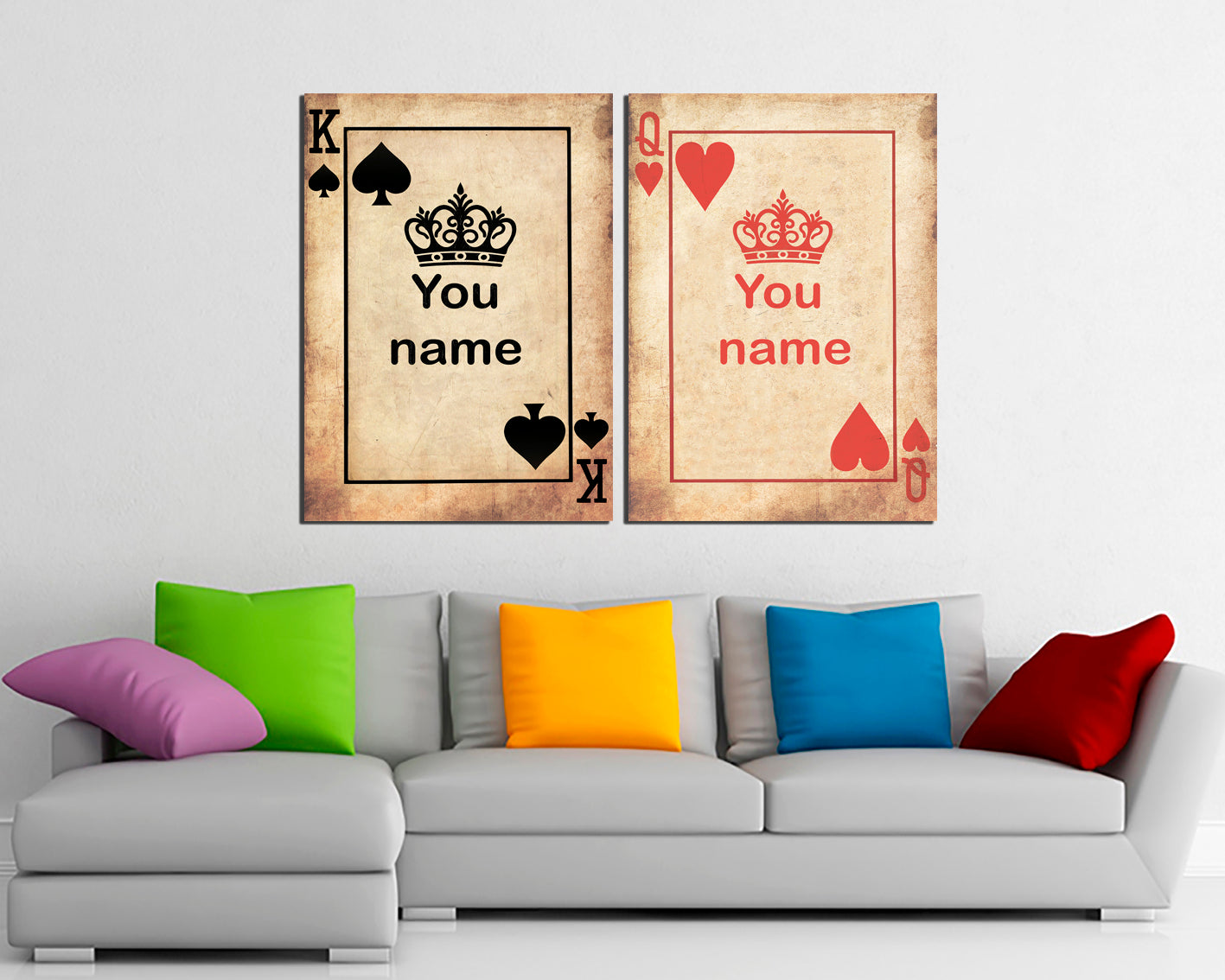 King queen name card Playing card art Print on canvas Wedding Gift Casino art works Anniversary His and Her Decor