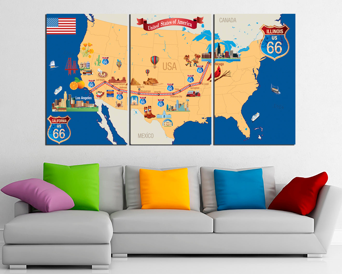 Route 66 map canvas American map picture Route 66 sign ready to hang