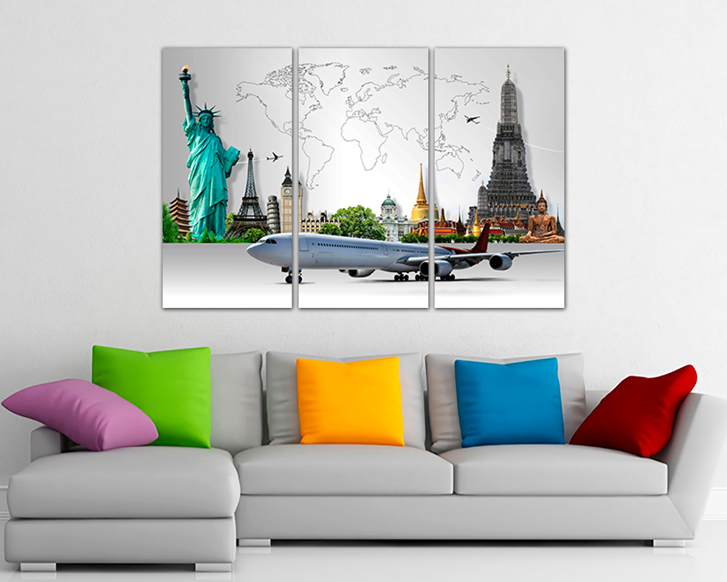 Map of travel by plane around the world on canvas ready to hang
