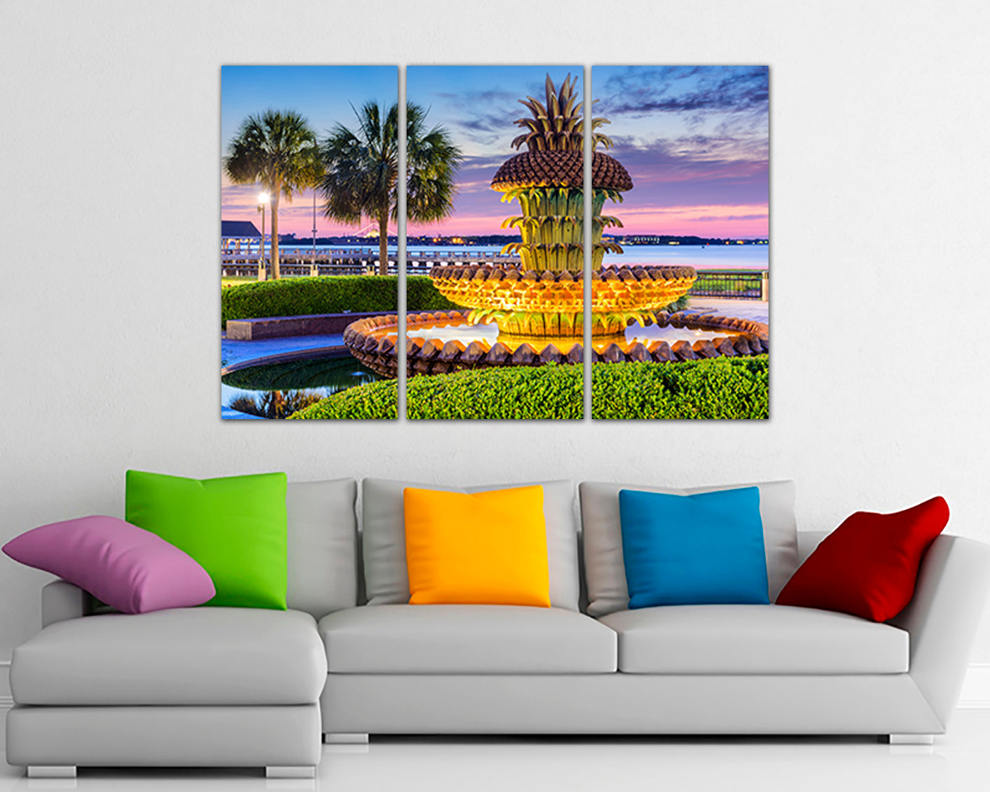 Fountain canvas Charleston art Pineapple fountain South Carolina art Palm tree décor Travel landscape city