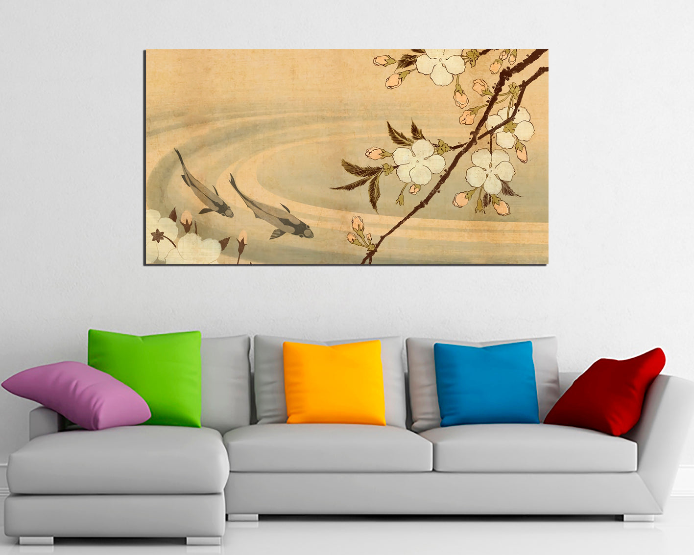 Japanese koi fish canvas prints Flower wall décor Cherry blossom art works