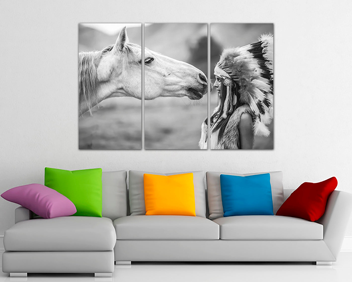 Indian girl with horse print on canvas Native American art work ready to hang