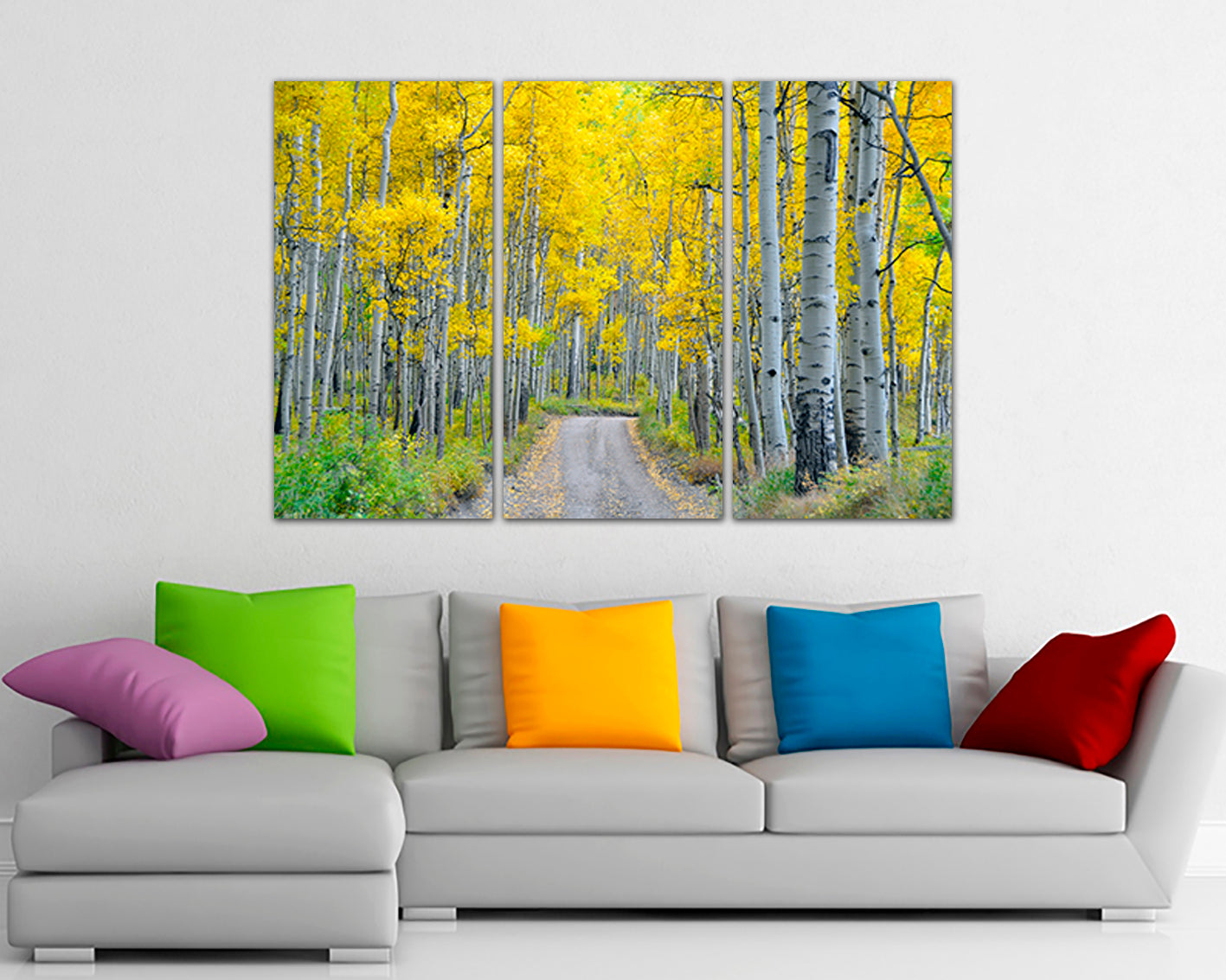 Birch canvas Aspens tree Yellow wall art Road decor Nature photo White birch ready to hang