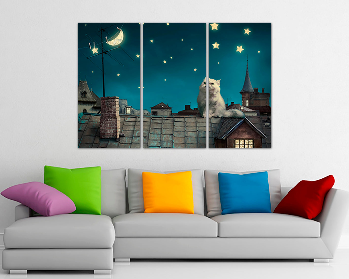 Cat on the roof canvas Star sky wall decor Nursery prints Kids gift Star night artwork