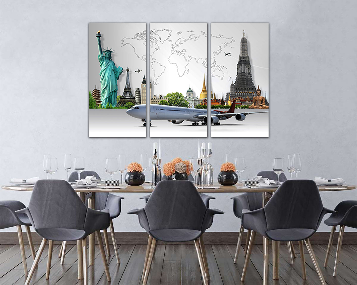 Map of travel by plane around the world on canvas ready to hang