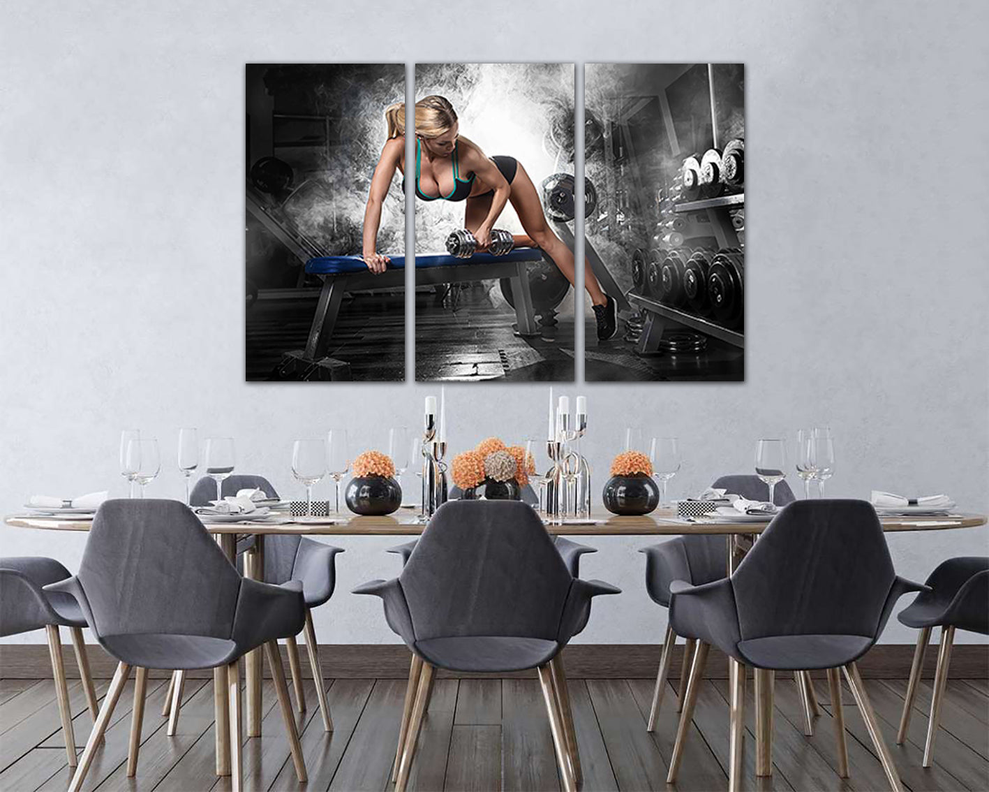 Gym canvas panels set Sports training decor Dumbbell wall art Fitness workout