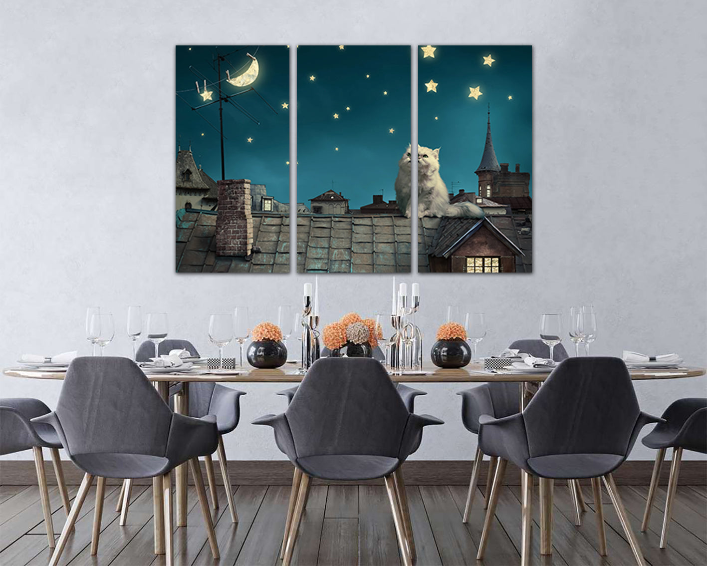 Cat on the roof canvas Star sky wall decor Nursery prints Kids gift Star night artwork