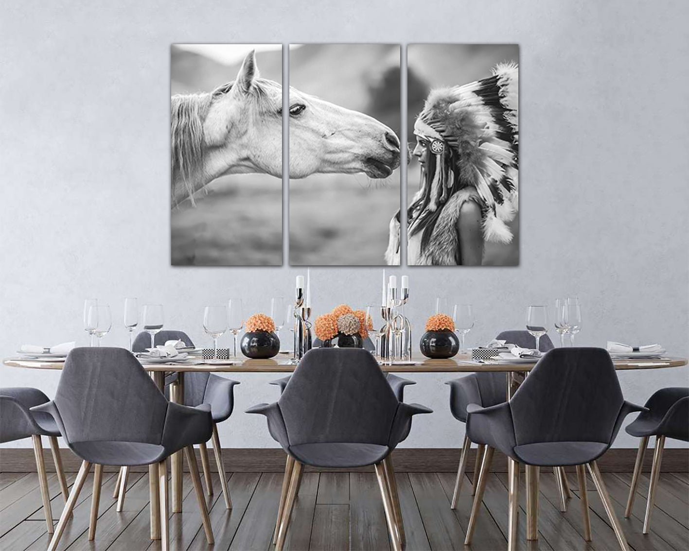 Indian girl with horse print on canvas Native American art work ready to hang