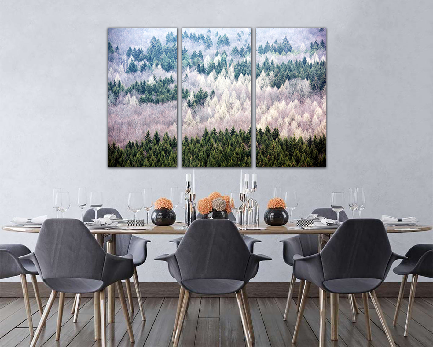Pines forest print on canvas White green tree crown decor Landscape art Nature photo