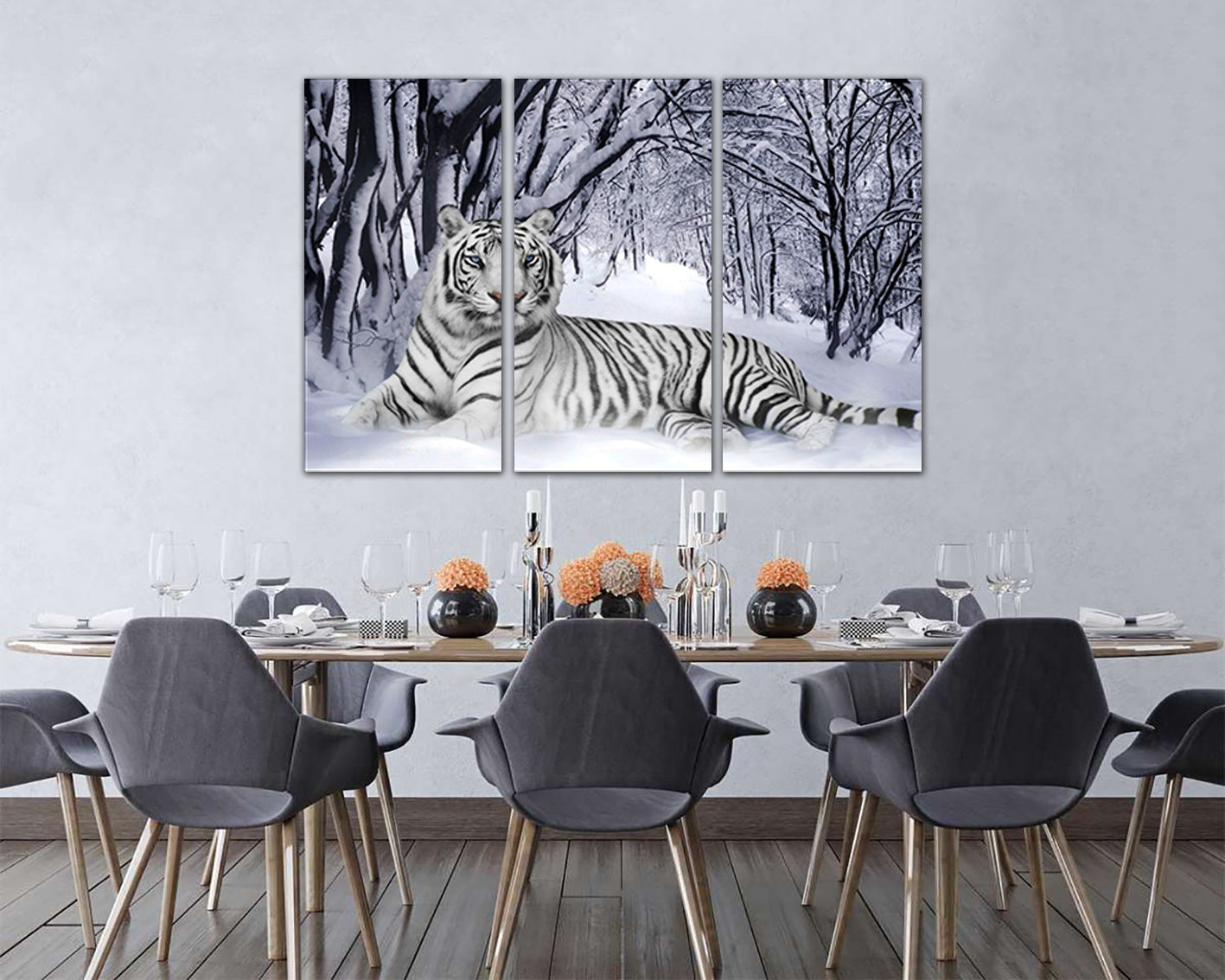 White tiger canvas Animals decor Winter landscape Nursery print Wild life wall art