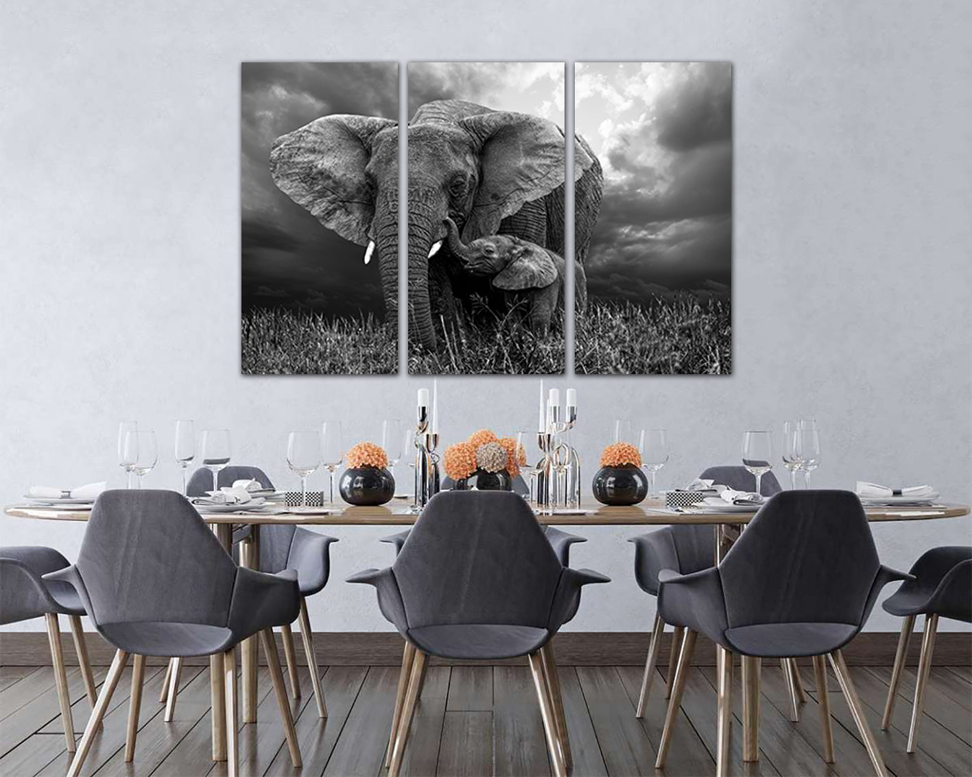 Elephants Mother and baby canvas Animal decor Black and white