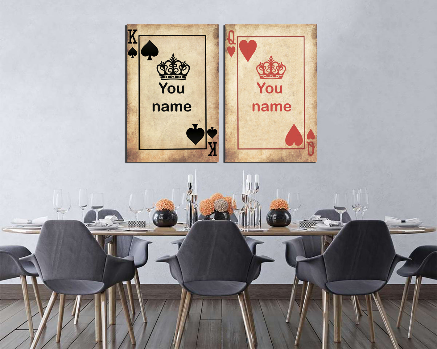 King queen name card Playing card art Print on canvas Wedding Gift Casino art works Anniversary His and Her Decor