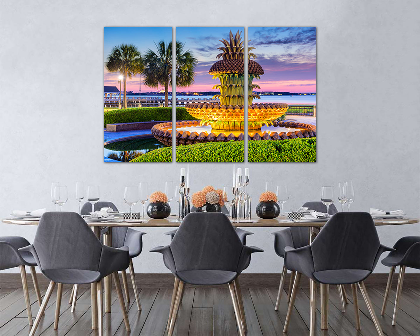 Fountain canvas Charleston art Pineapple fountain South Carolina art Palm tree décor Travel landscape city