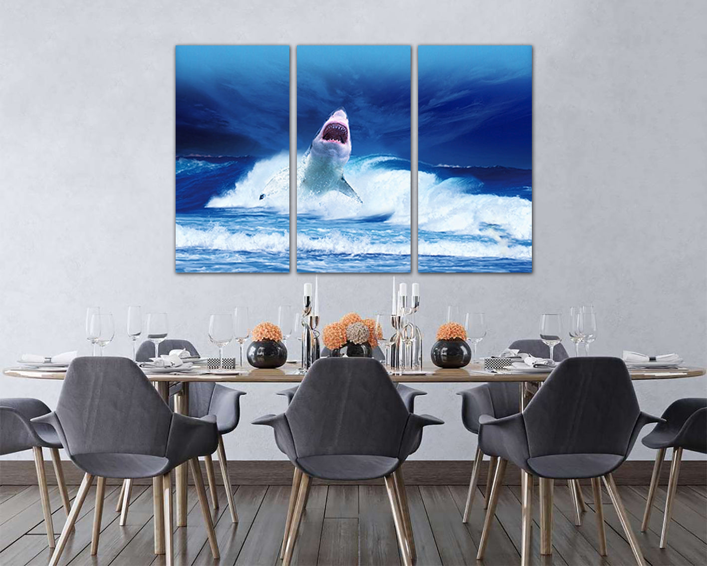 Wall canvas set Shark canvas Animals decor Shark print Shark décor Ocean wave art Nautical print