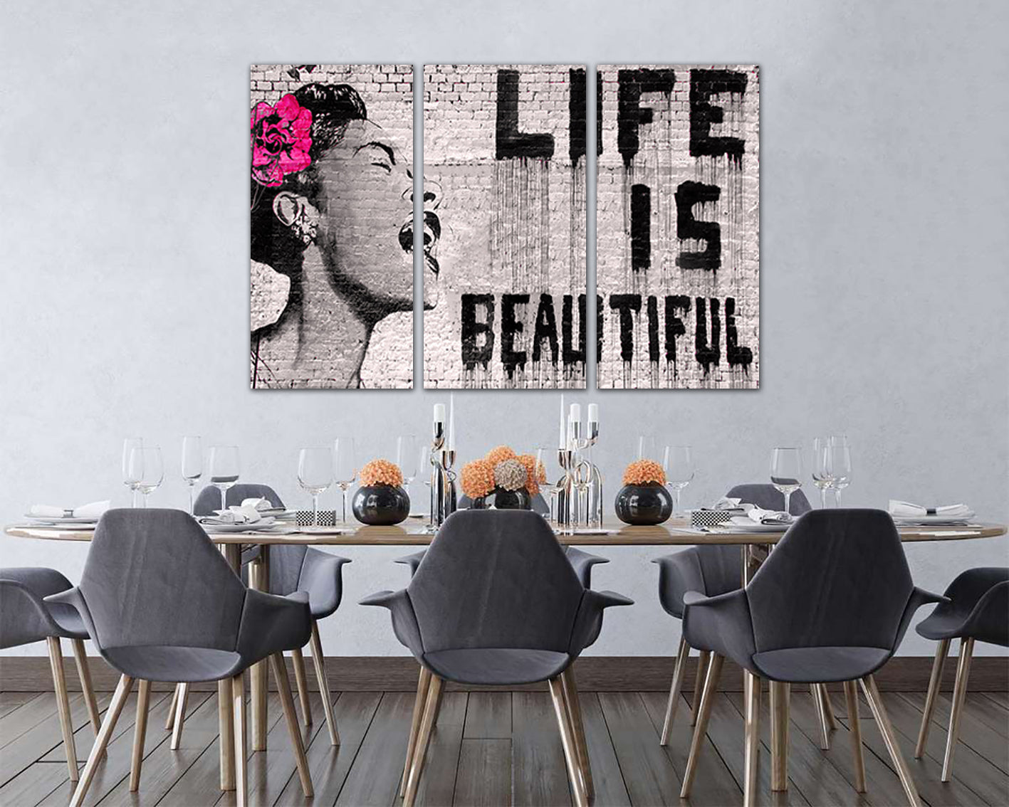 Life is beautiful Wall art canvas Woman décor Mural prints Graffiti artwork Girl mouth