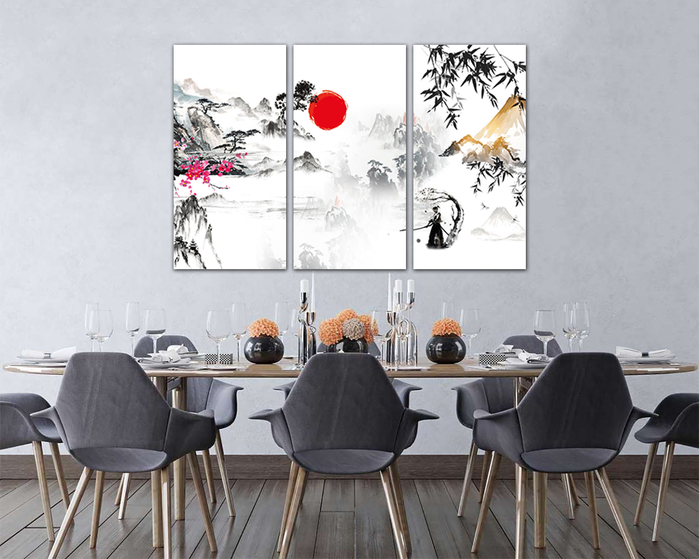 Mountain Japan canvas Sakura art works Sumi e Chinese print Japanese traditional Samurai miniature Bamboo Flower gift