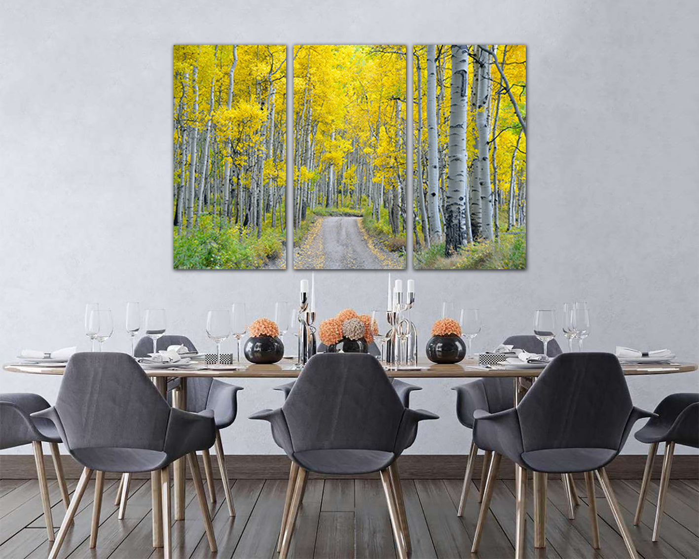 Birch canvas Aspens tree Yellow wall art Road decor Nature photo White birch ready to hang