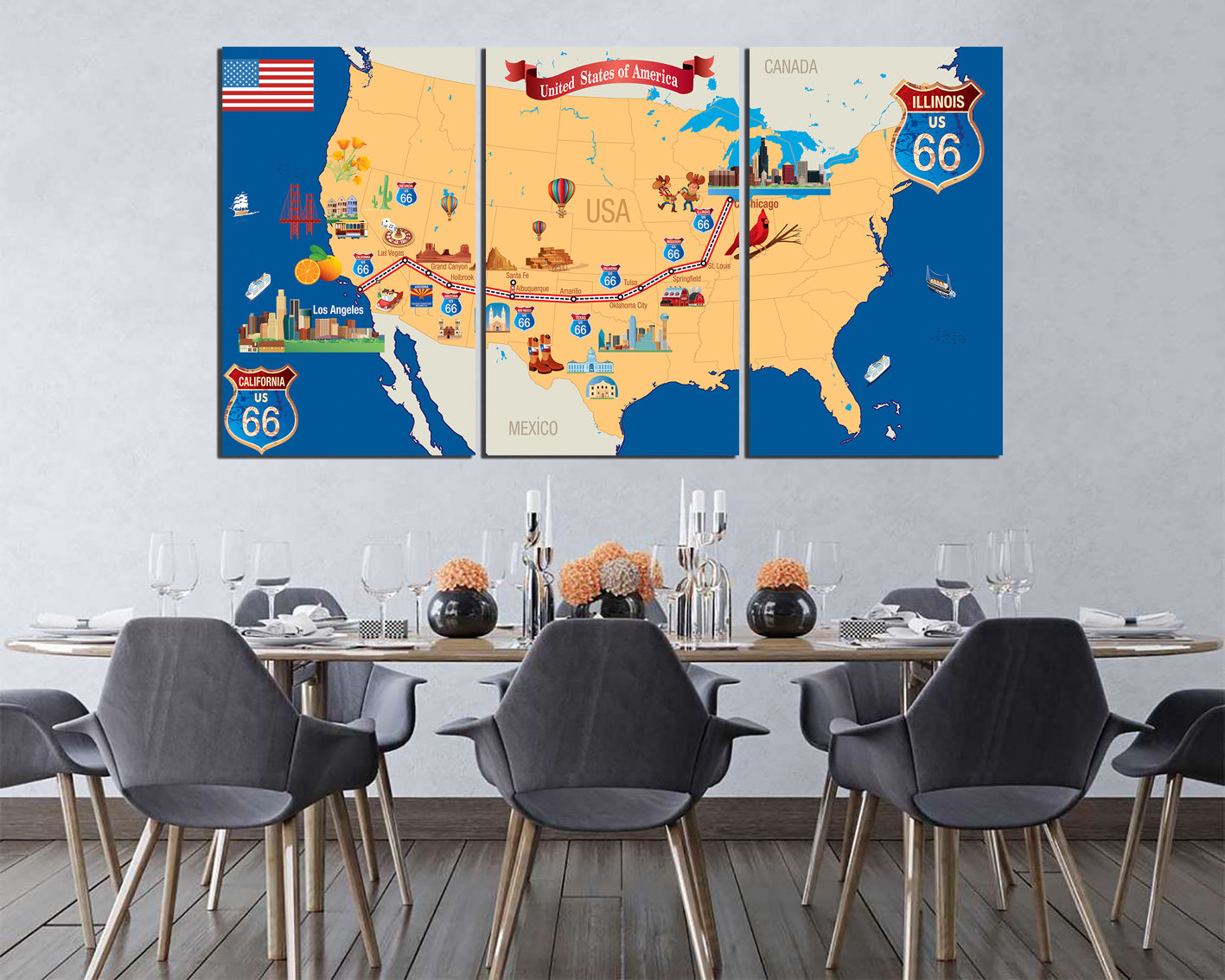 Route 66 map canvas American map picture Route 66 sign ready to hang