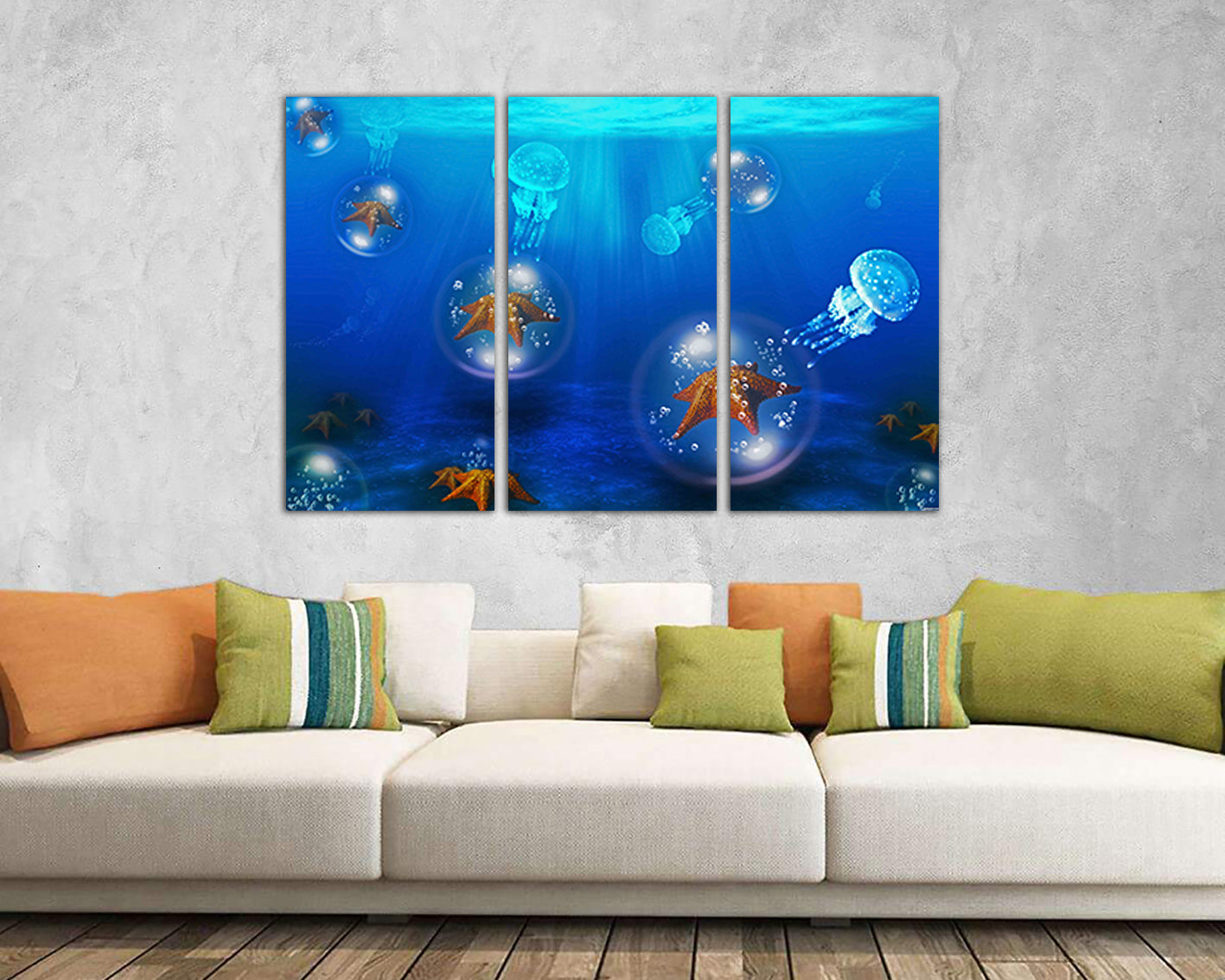 Jellyfish print on canvas Fish decor Sea star print Ocean animals home art Diving gift Coral life artwork