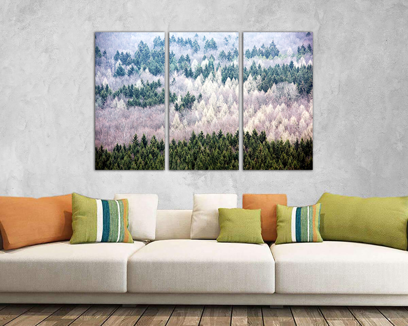 Pines forest print on canvas White green tree crown decor Landscape art Nature photo
