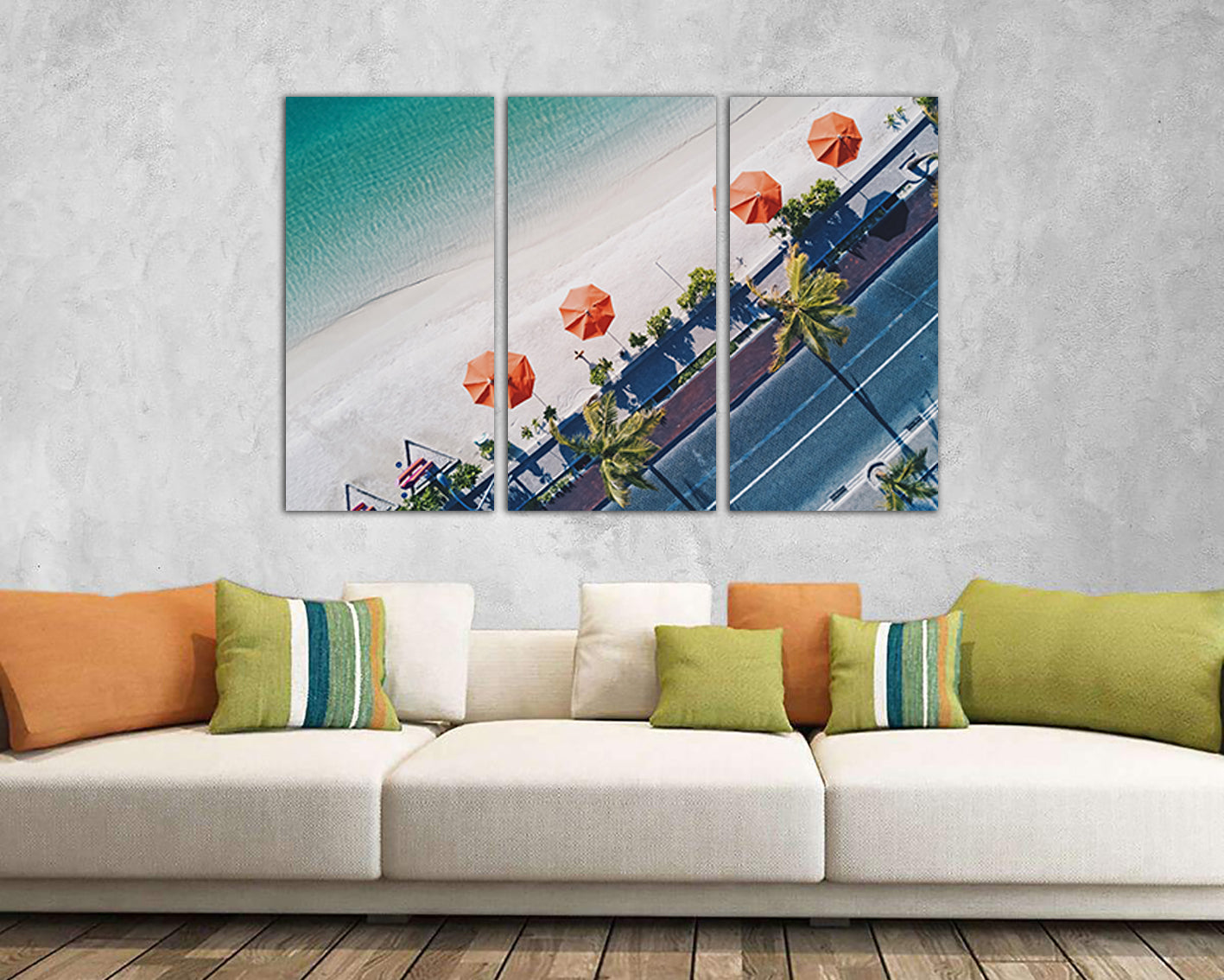 Beach umbrella canvas Landscape artwork Palm trees wall art Trees décor Nature print Waves photo