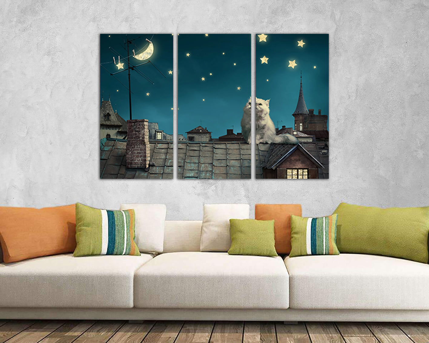 Cat on the roof canvas Star sky wall decor Nursery prints Kids gift Star night artwork