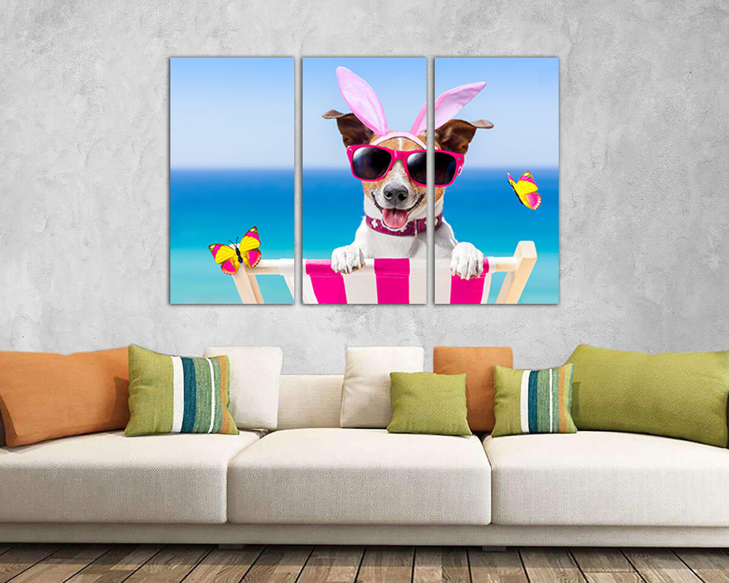 Dog on beach with glasses Wall art canvas Nursery decor Baby print Wearing glass