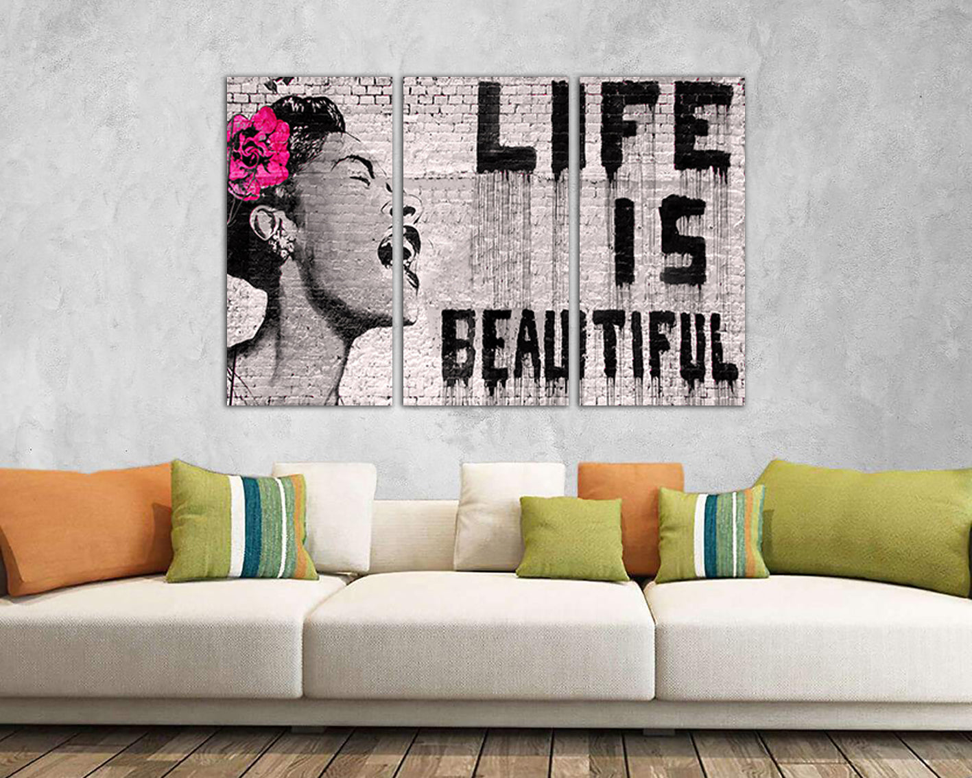 Life is beautiful Wall art canvas Woman décor Mural prints Graffiti artwork Girl mouth