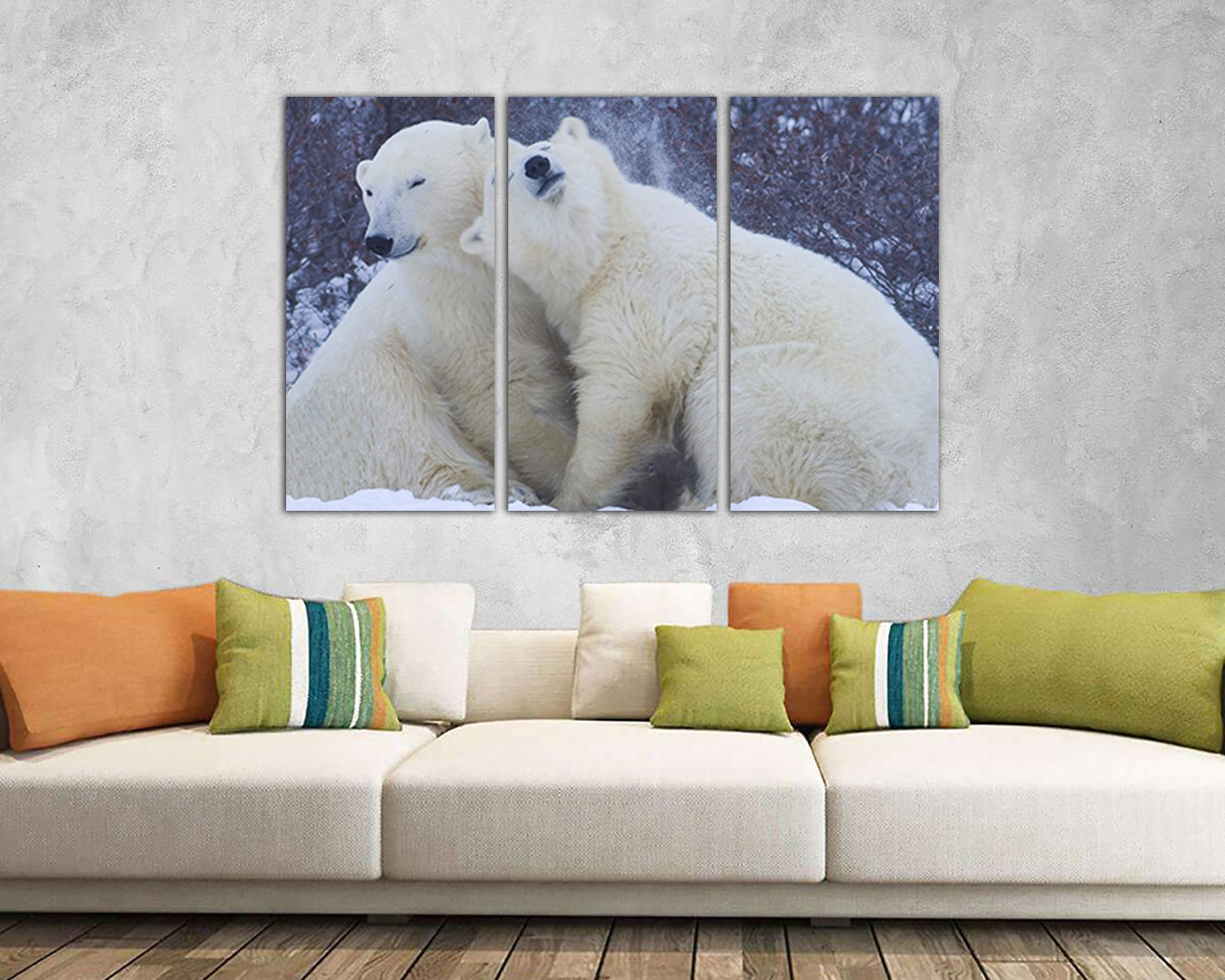 Animal print on canvas White bear hugging in the snow wall art