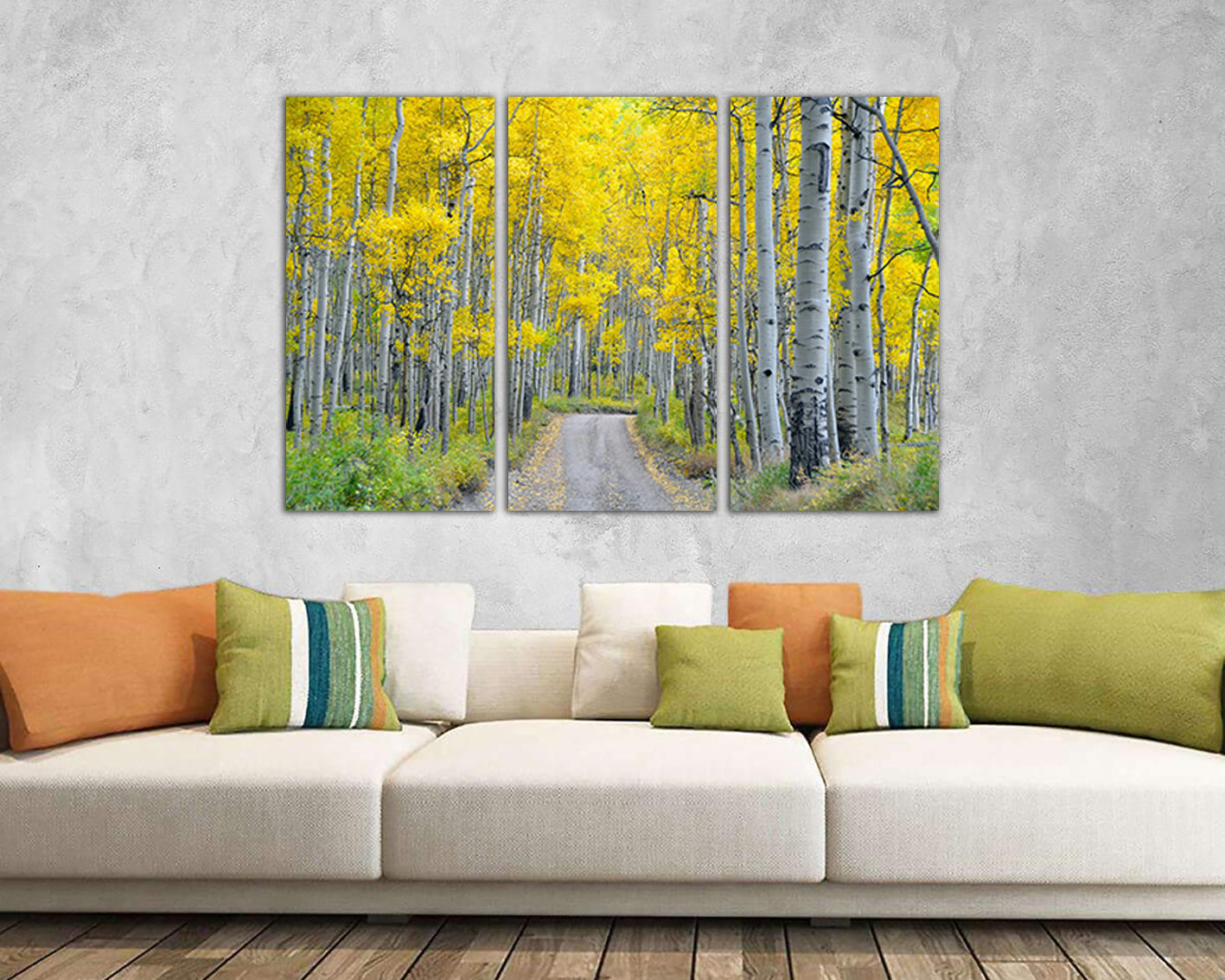 Birch canvas Aspens tree Yellow wall art Road decor Nature photo White birch ready to hang