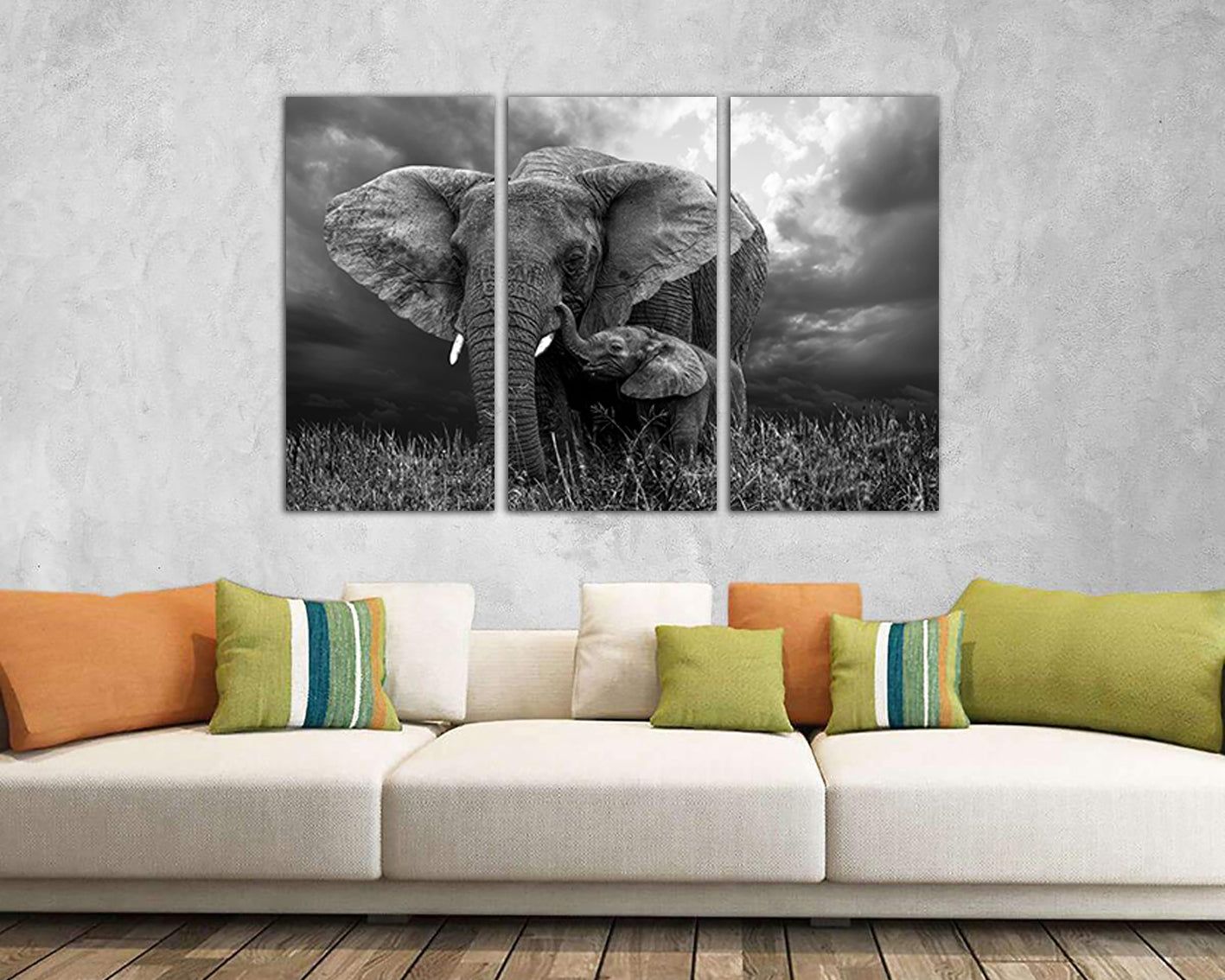 Elephants Mother and baby canvas Animal decor Black and white