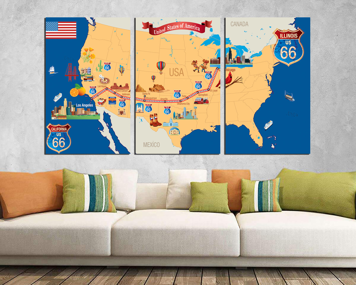 Route 66 map canvas American map picture Route 66 sign ready to hang