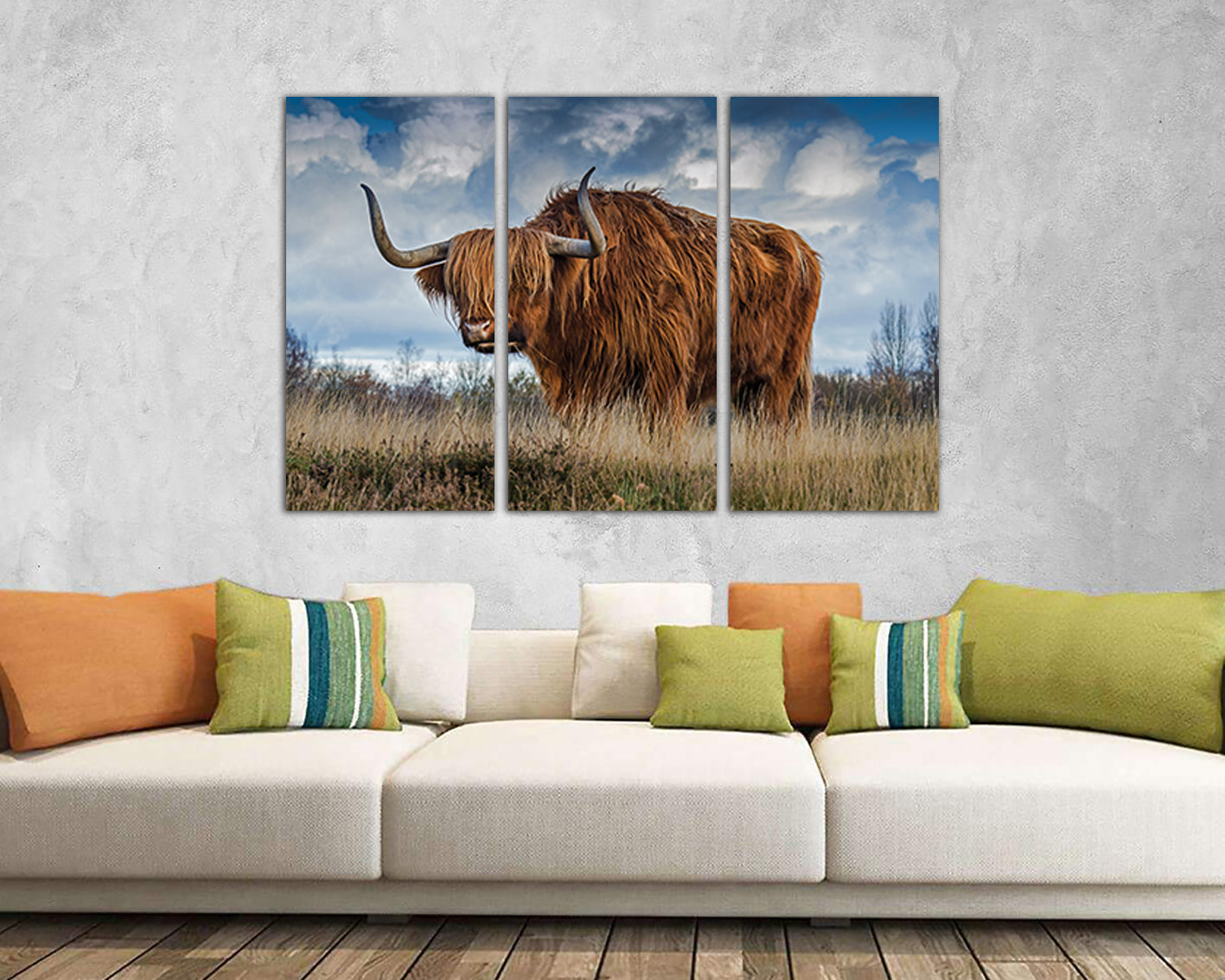 Art prints Highland cow canvas Shaggy cow print Farm animal decor Pastures art Field photo