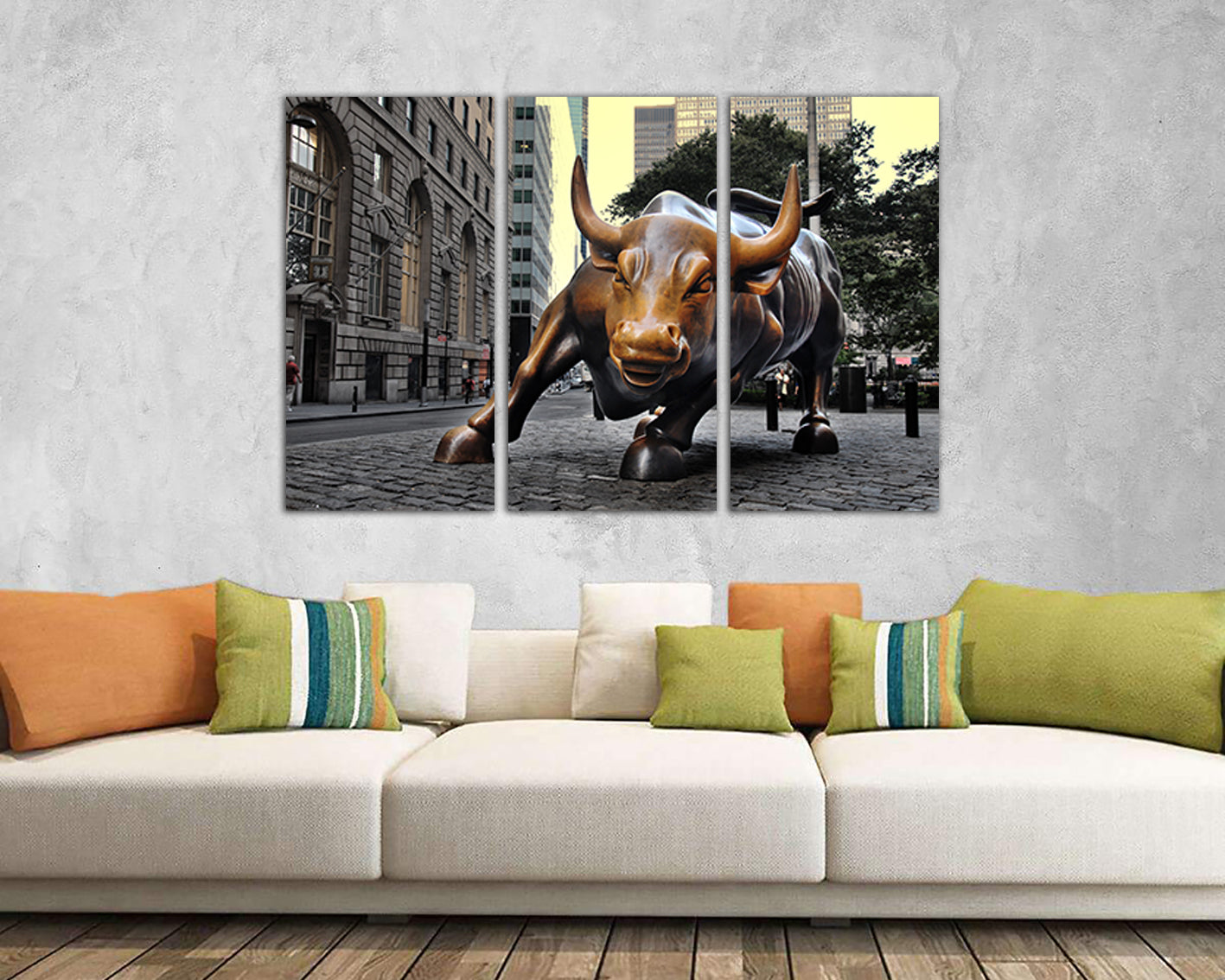 Charging bull statue canvas Wall street art Financial district Motivational gift New York art works print