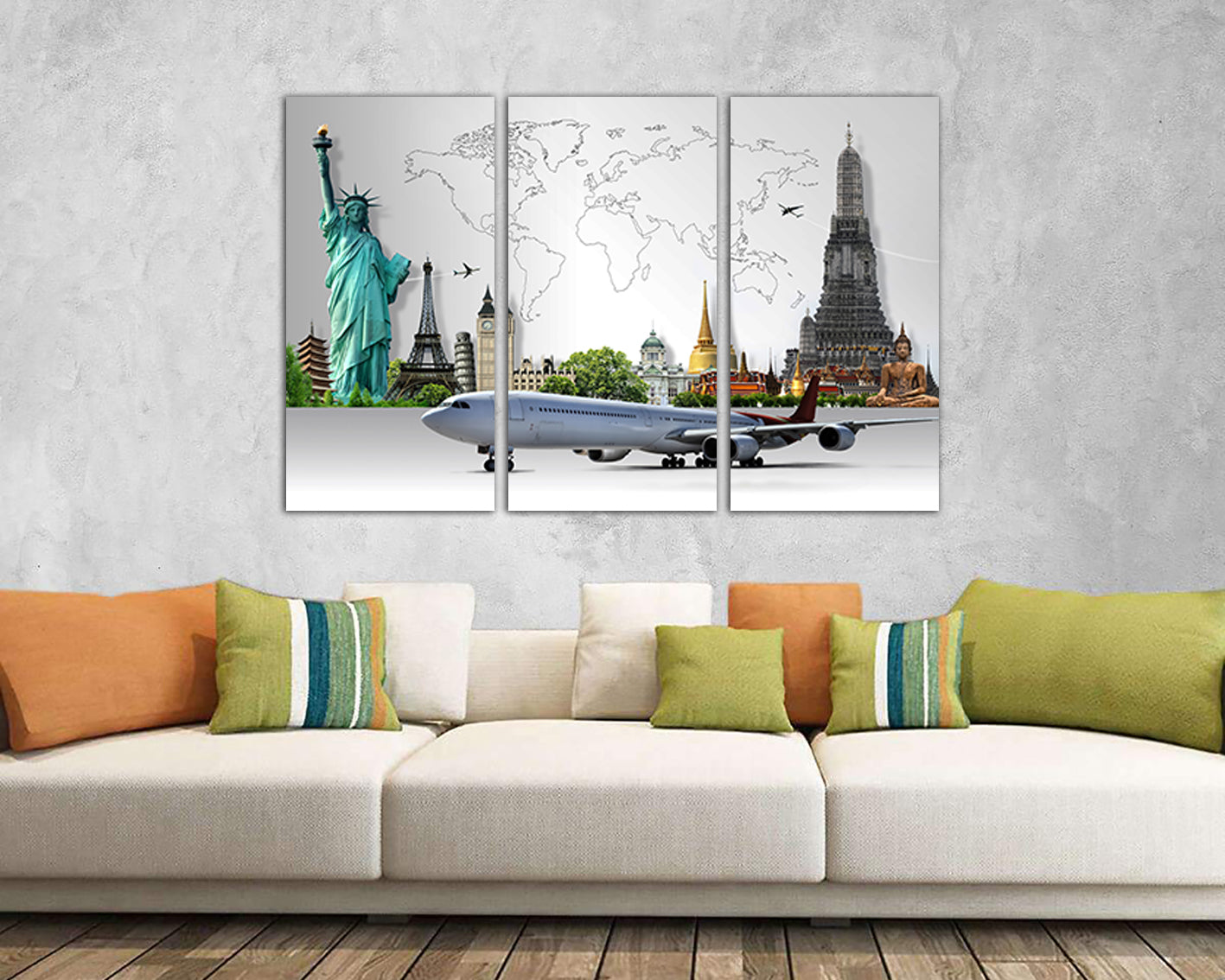 Map of travel by plane around the world on canvas ready to hang