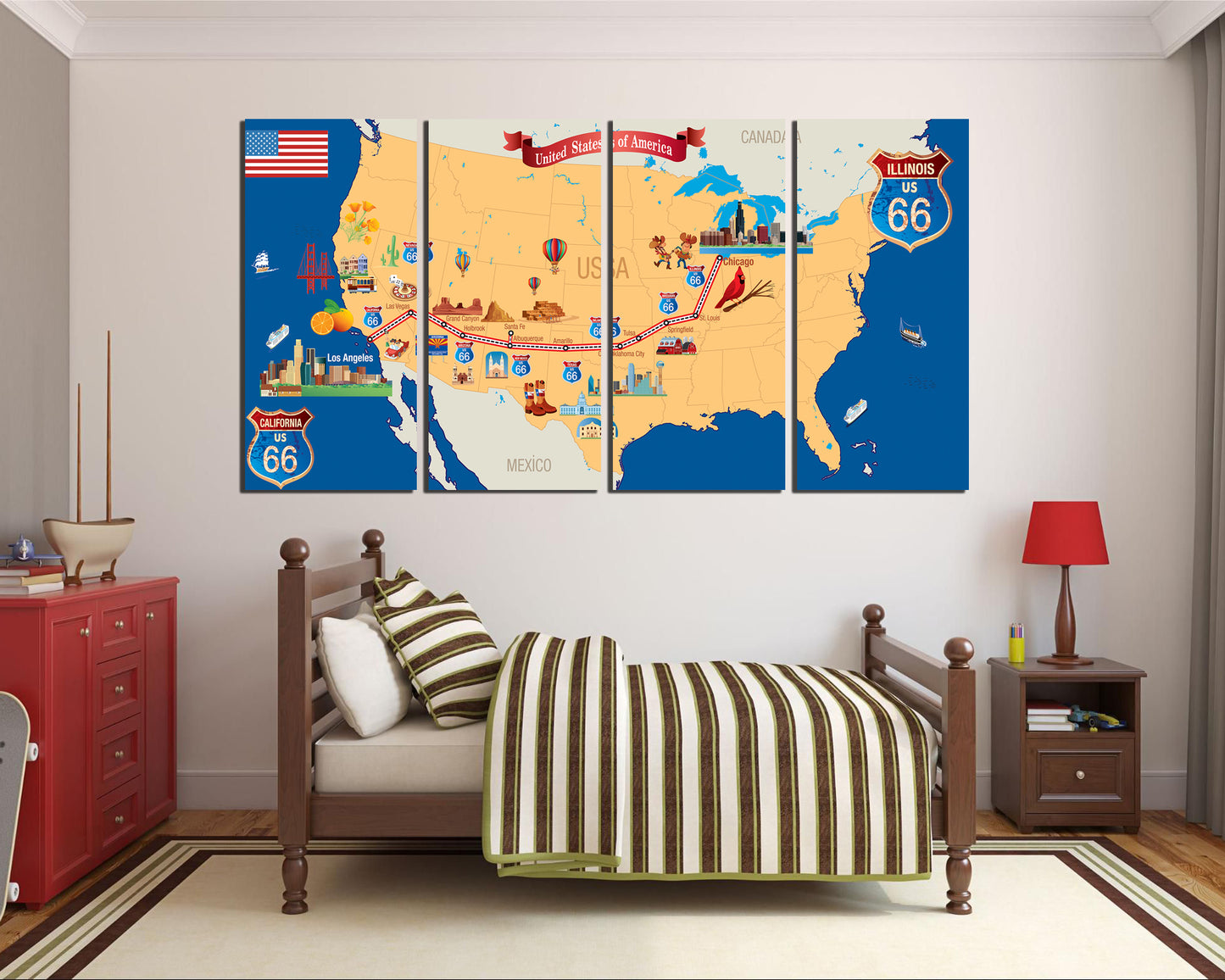 Route 66 map canvas American map picture Route 66 sign ready to hang