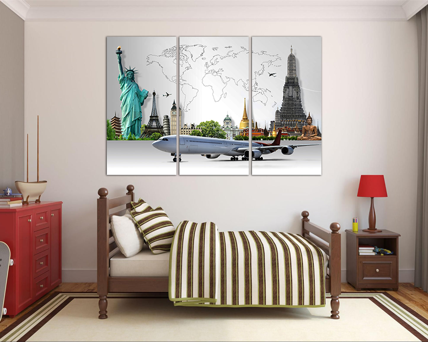 Map of travel by plane around the world on canvas ready to hang