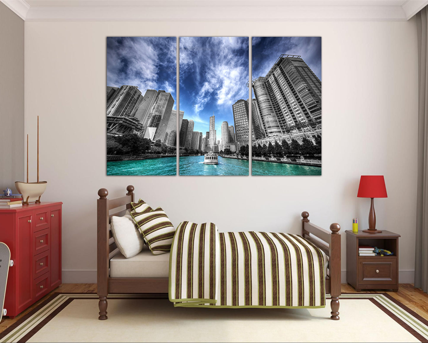 Chicago city Riverwalk canvas Skyline art Cityscape Blue sky design travel prints
