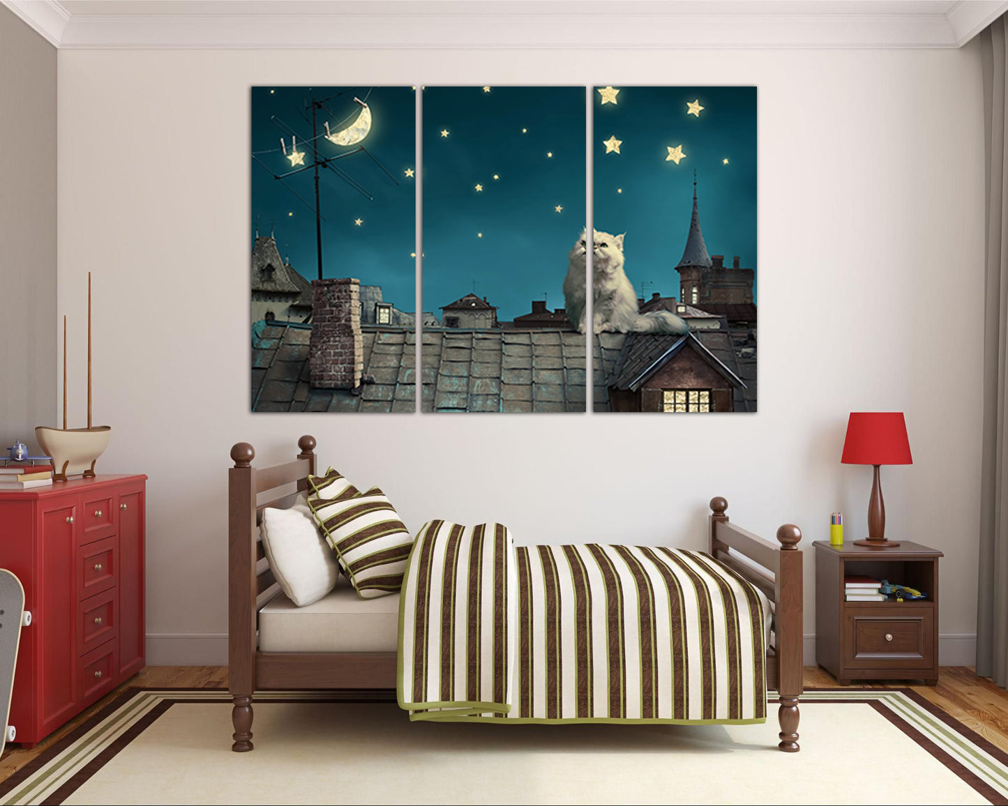 Cat on the roof canvas Star sky wall decor Nursery prints Kids gift Star night artwork