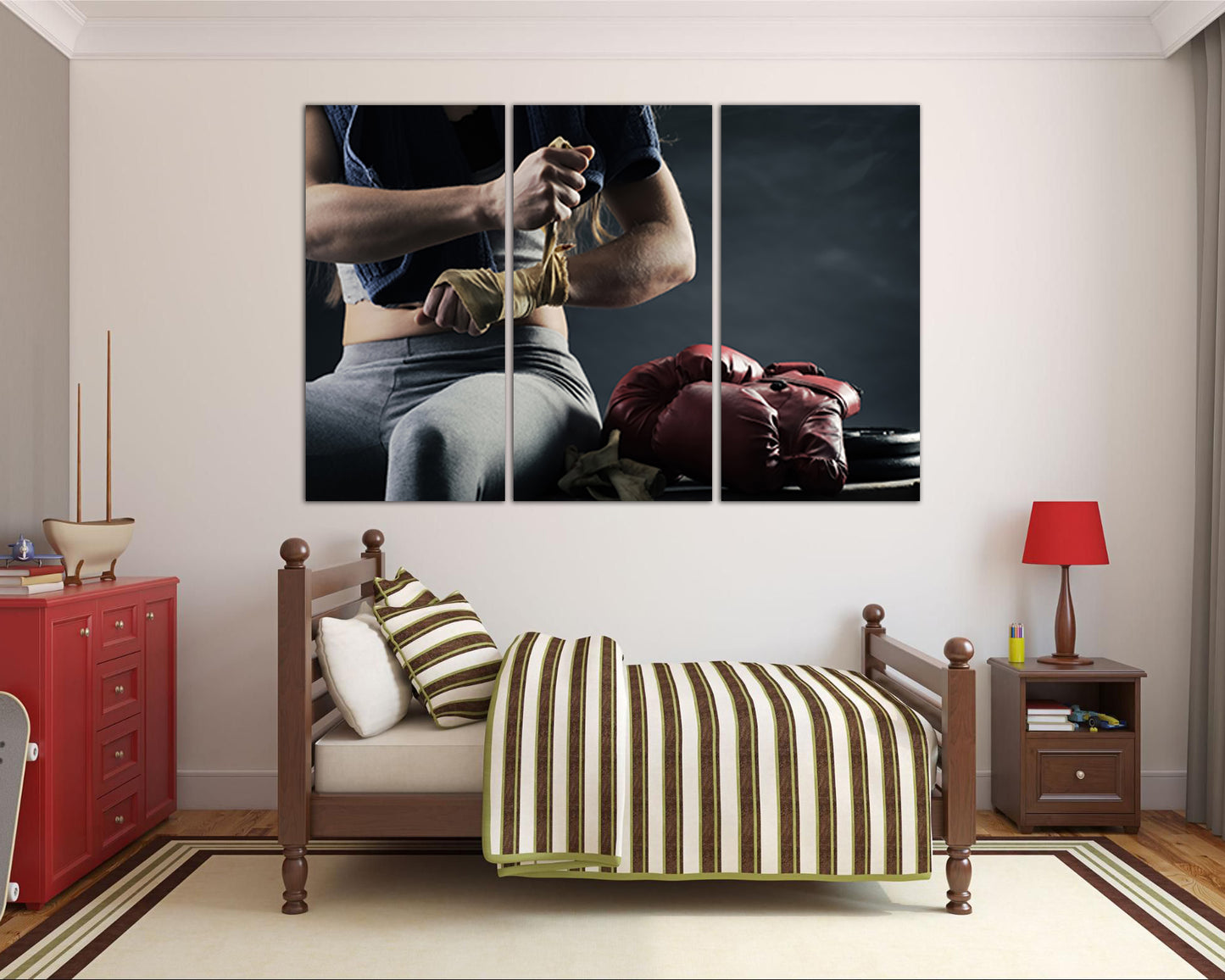 Boxing gloves girl canvas Sports gym art Motivation artwork Muscles decor