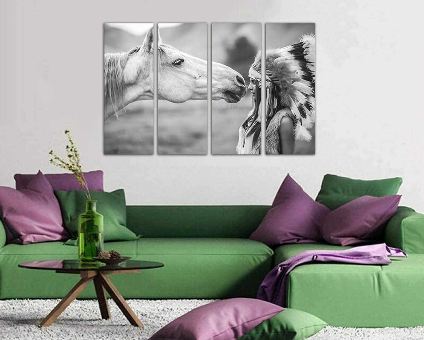 Indian girl with horse print on canvas Native American art work ready to hang